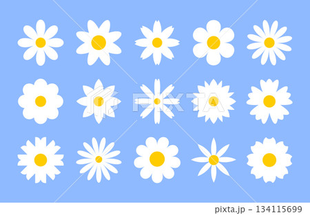 set of black daisies from geometric figures, collection of abstract silhouettes of flowers flowers icons isolated on white	 134115699