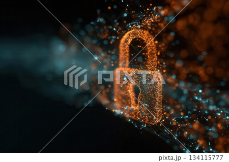 Digital Lock Symbol with Glowing Particles on Black Background Digital Lock Symbol with Glowing Particles on Black Background 134115777