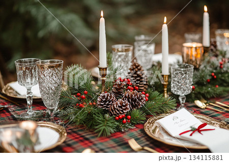Ralph Lauren Style Christmas Table with Vintage Decor and Tools. AI 134115881