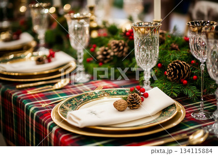 Ralph Lauren Style Christmas Table with Vintage Decor and Tools. AI 134115884