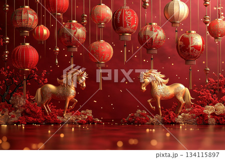 Vibrant Chinese New Year Celebration with Lanterns and Fireworks. AI Vibrant Chinese New Year Celebration with Lanterns and Fireworks. AI 134115897