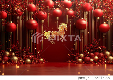 Vibrant Chinese New Year Celebration with Lanterns and Fireworks. AI Vibrant Chinese New Year Celebration with Lanterns and Fireworks. AI 134115909