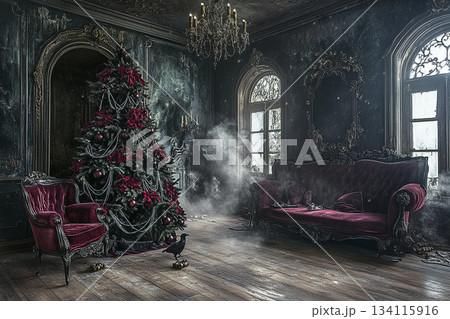 Gothic Christmas Interior with Black Trees, Crosses, and Grand Halls. AI Gothic Christmas Interior with Black Trees, Crosses, and Grand Halls. AI 134115916