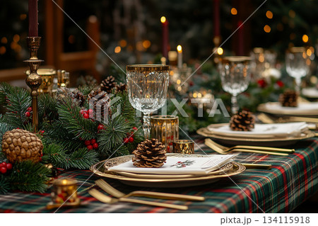 Ralph Lauren Style Christmas Table with Vintage Decor and Tools. AI 134115918
