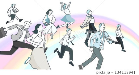 スタートアップのイメージイラストービジネスパーソンー明るい未来を夢見る男女ー虹の背景イラスト素材 134115941