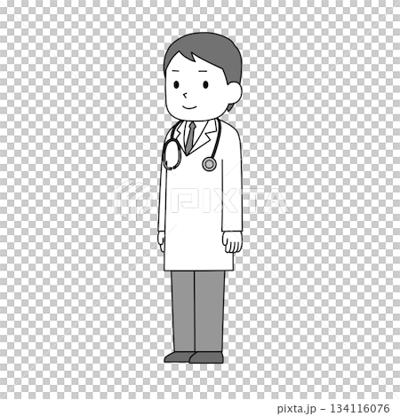 Male doctor standing diagonally, medical illustration (monochrome) Male doctor standing diagonally, medical illustration (monochrome) 134116076