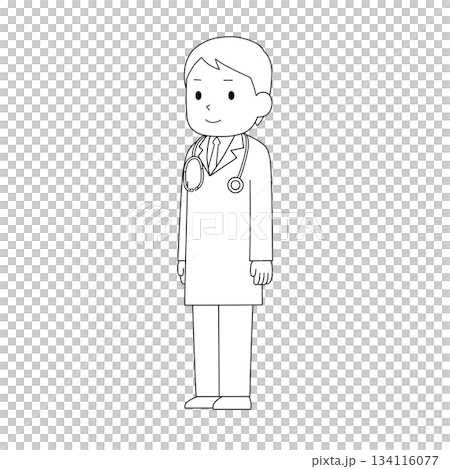 Male doctor standing diagonally, medical illustration (black and white line drawing) Male doctor standing diagonally, medical illustration (black and white line drawing) 134116077