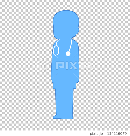 Male doctor standing diagonally, medical illustration (light blue silhouette and blue line) Male doctor standing diagonally, medical illustration (light blue silhouette and blue line) 134116079