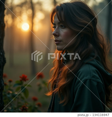 AI generated Contemplative female dressed in green explores early morning natural beauty 134116947