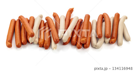 Various thin smoked sausages isolated on white. 134116948