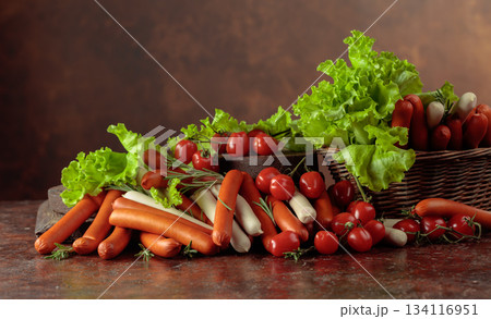 Various thin smoked sausages with salad, tomatoes, and rosemary. 134116951