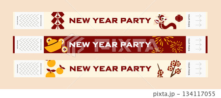 Chinese New Year celebration wristbands featuring lanterns, plum blossoms, dragon motifs and traditional festival elements. Red and gold party bracelet design Chinese New Year celebration wristbands featuring lanterns, plum blossoms, dragon motifs and traditional festival elements. Red and gold party bracelet design 134117055
