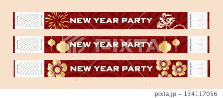 Set of Chinese New Year event wristbands with gold ornaments, traditional symbols, fireworks, lanterns and festive elements. Printable bracelet for Asian New Year party 134117056