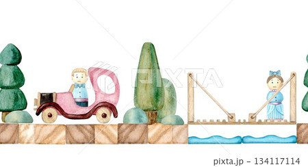 A seamless horizontal border with a car, a bridge over a river, and people, hand-drawn in watercolor on an isolated background. Simple clip art of a children's wooden construction set with a road. A seamless horizontal border with a car, a bridge over a river, and people, hand-drawn in watercolor on an isolated background. Simple clip art of a children's wooden construction set with a road. 134117114