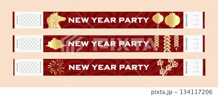 Printable Chinese New Year wristbands for party events with red and gold ornaments, firecrackers, zodiac icons and festive symbols. Celebration bracelet design. 2026 year of horse 134117206