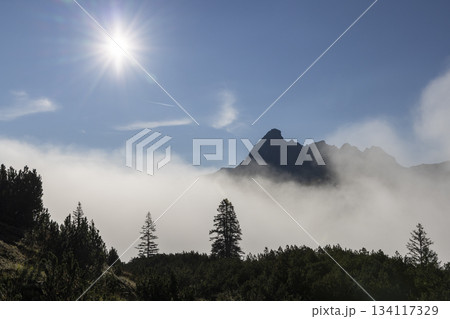 Foggy landscape near Wiegensee in Gaschurn, Montafon, with mountains under bright sun Foggy landscape near Wiegensee in Gaschurn, Montafon, with mountains under bright sun 134117329