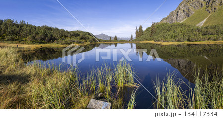 Scenic view of Lake Wiegensee in Gaschurn, Montafon, Vorarlberg, Austria during daytime with clear skies and greenery 134117334
