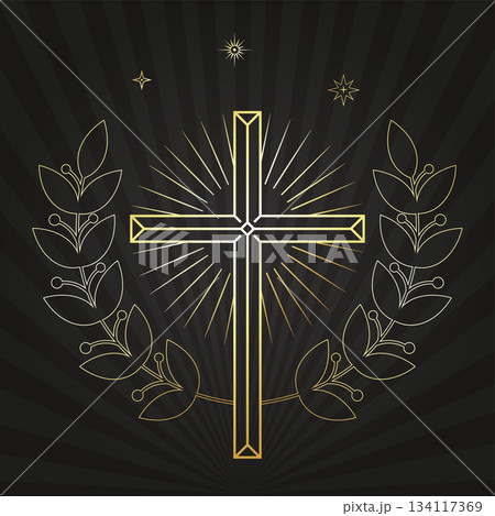 Golden Christian cross with branches, wreath, rays of radiance and stars 134117369