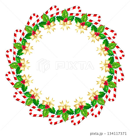 Round wreath frame made of candy cane, pretty bow and Christmas holly 134117371