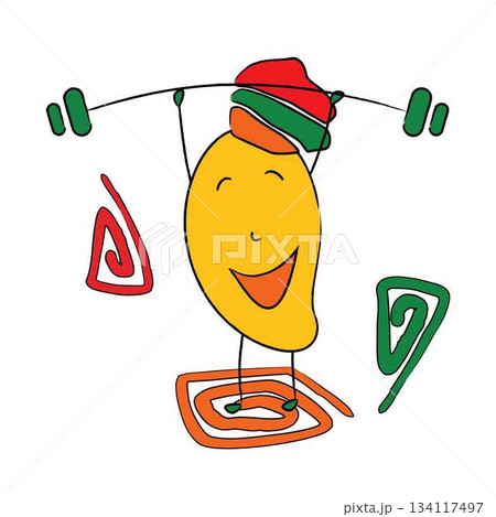 Playful mango mascot lifts weights Playful mango mascot lifts weights 134117497