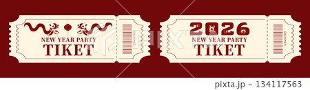 Entry ticket set for a Chinese New Year celebration featuring a traditional Chinese dragon, red lanterns, plum blossom flowers and 2026 typography in a festive oriental style Entry ticket set for a Chinese New Year celebration featuring a traditional Chinese dragon, red lanterns, plum blossom flowers and 2026 typography in a festive oriental style 134117563