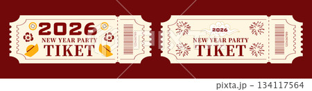 Chinese New Year entry ticket set featuring traditional lucky money symbols, plum blossom flowers, festive fireworks and 2026 typography in classic red and gold Chinese style 134117564