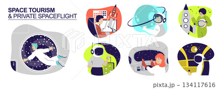 Space tourism and private spaceflight concept set for web design. Collection with people flying in cosmos tour at commercial spaceship, astronauts explorating galaxy in travel. Vector illustration. 134117616