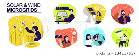 Solar and wind microgrids concept set for web design. Collection with people using wind turbines and solar panels at house rooftop or car, renewable power generation home system. Vector illustration. 134117617