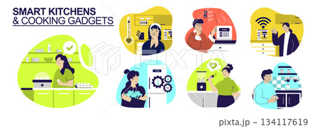 Smart kitchens and Cooking gadgets concept set for web design. Collection with people using wifi appliance, thermometer, egg cooker, freezer, blender, coffee machine, other. Vector illustration. Smart kitchens and Cooking gadgets concept set for web design. Collection with people using wifi appliance, thermometer, egg cooker, freezer, blender, coffee machine, other. Vector illustration. 134117619