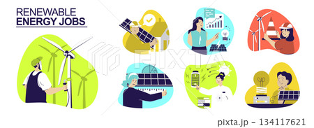 Renewable energy jobs concept set for web design. Collection with people working as technicians at wind turbines or solar panels stations, engineers analyzing energy sources data. Vector illustration. Renewable energy jobs concept set for web design. Collection with people working as technicians at wind turbines or solar panels stations, engineers analyzing energy sources data. Vector illustration. 134117621