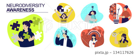 Neurodiversity awareness concept set for web design. Collection with people having neurology diversity, sensitivity, autism and adhd acceptance, mental difference representation. Vector illustration. 134117626