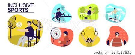 Inclusive sports concept set for web design. Collection with people in wheelchair playing ball or chess, blind person doing gymnastic or weightlifting, other physical trainings. Vector illustration. Inclusive sports concept set for web design. Collection with people in wheelchair playing ball or chess, blind person doing gymnastic or weightlifting, other physical trainings. Vector illustration. 134117630