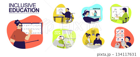 Inclusive education concept set for web design. Collection with people in wheelchair learning at classroom, blind person reads braille, deaf person watching lesson with subtitles. Vector illustration. Inclusive education concept set for web design. Collection with people in wheelchair learning at classroom, blind person reads braille, deaf person watching lesson with subtitles. Vector illustration. 134117631