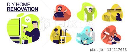 DIY home renovation concept set for web design. Collection with people painting walls, bricklaying, planking, choosing colours for wallpapers, constructing furniture and repair. Vector illustration. DIY home renovation concept set for web design. Collection with people painting walls, bricklaying, planking, choosing colours for wallpapers, constructing furniture and repair. Vector illustration. 134117638