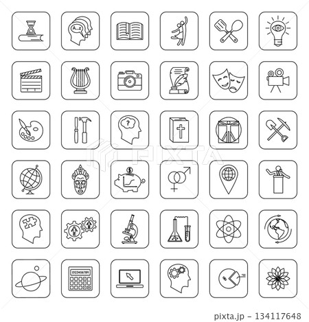 Academic Disciplines Line Icons. Academic Disciplines Icons, Education Line Icons Set for School, College and University Subjects, Science and Humanities Outline Icon Collection 134117648