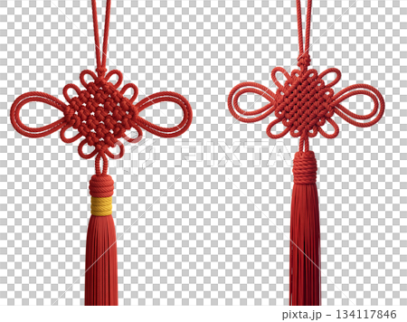 Traditional intricate red chinese knot ornament, symbol of good luck, prosperity, longevity, isolated on transparent background Traditional intricate red chinese knot ornament, symbol of good luck, prosperity, longevity, isolated on transparent background 134117846