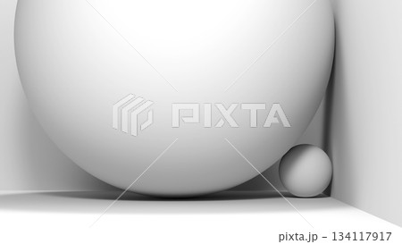 A dominant large white sphere in a corner beside a smaller sphere. 3d render 134117917