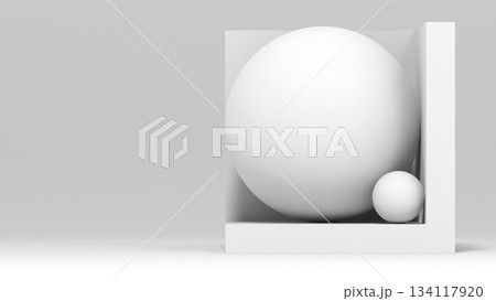 A pristine white large sphere sits inside a square open box with a smaller sphere. 3d art 134117920