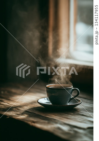Steaming coffee cup by window 134117955