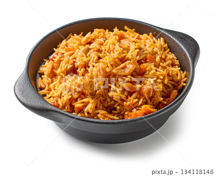 bowl of spicy rice with chicken meat and carrots 134118148