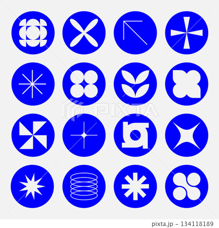 Set of neomodern geometric stickers, stamps in circle shapes. Brutalism, futuristic, memphis pattern background. Modern design for cards, invitation, branding, banner	 134118189