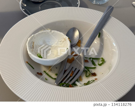 Finished plate after meal in cafe, dirty plate. Dining moment, completion, habit, casual experience and everyday food ritual 134118276