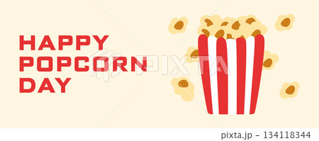 Happy Popcorn Day banner with popcorn bucket and falling popcorn kernels on a bright red background. Festive flat design illustration for World Popcorn Day celebration and cinema themed promotions 134118344