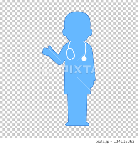Illustration of a male doctor guiding (light blue silhouette and blue outline) Illustration of a male doctor guiding (light blue silhouette and blue outline) 134118362
