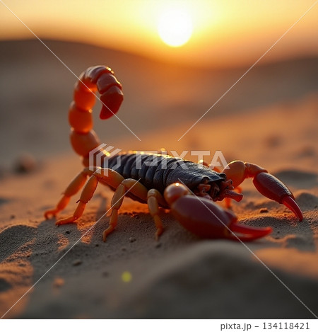AI generated Predatory scorpion lurking, Insect composed and poised on sandy terrain AI generated Predatory scorpion lurking, Insect composed and poised on sandy terrain 134118421