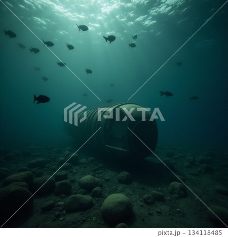 Mysterious underwater capsule surrounded by curious fish Generative AI 134118485