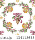 Seamless pattern with sparkling Christmas ornaments in wreath shape with pink ribbon bow on white background. Textured hand drawn watercolor. Aesthetic festive design for textile and wrapping paper. 134118638