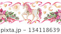 Seamless border with fairytale unicorn and poinsettia flower arrangement in handdrawn watercolor with sparkling texture. Pink and green create a bright fantasy mood. Good for Christmas frame template. 134118639
