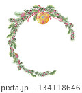 Christmas wreath of yellow glass bauble and spruce branches in the half round shape. Hand painted watercolor. Pink and green create a winter look. Perfect for festive frame template and card design. 134118646