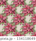 Red Poinsettia Christmas seamless pattern in hand painted watercolor flower on beige background. Bright floral winter mood for traditional textile and wrap paper design. Perfect for holiday wallpaper. 134118649